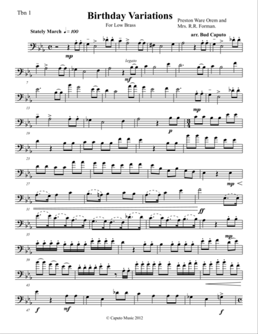 Low Brass Birthday Variations-Tune of Happy Birthdaty-Parts Brass Ensemble scores gallery preview page 1
