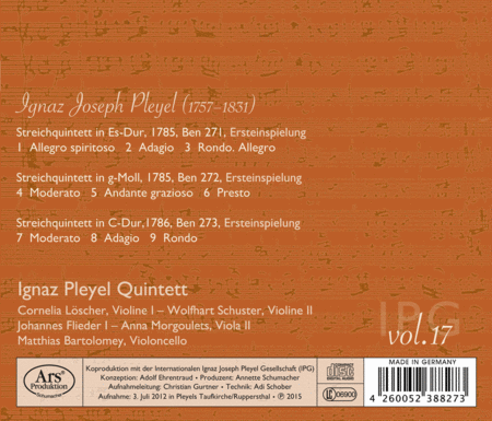 Pleyel: String Quintets, Ben. 271-273, Vol. 17