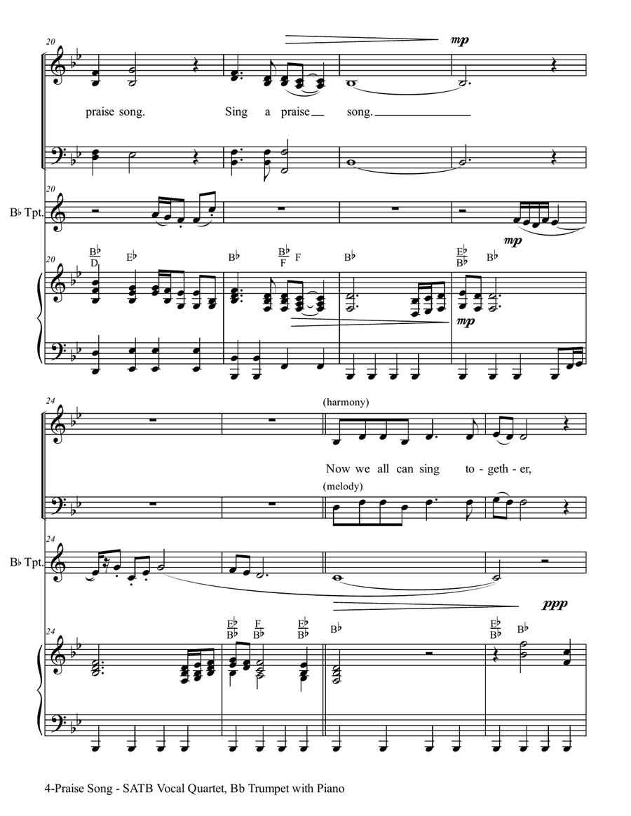 PRAISE SONG (SATB Vocal Quartet with Bb Trumpet & Piano) 4-Part scores gallery preview page 5