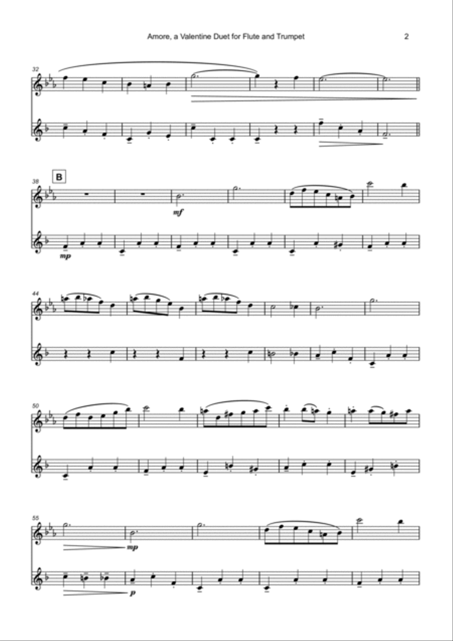 Amore, (Italian for Love), Flute and Trumpet Duet Flute scores gallery preview page 3