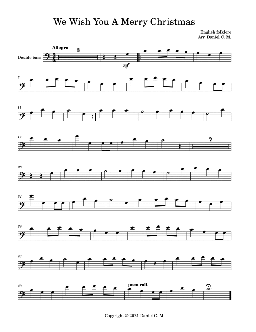 We Wish You A Merry Christmas for double bass and piano (easy) Double Bass scores gallery preview page 1