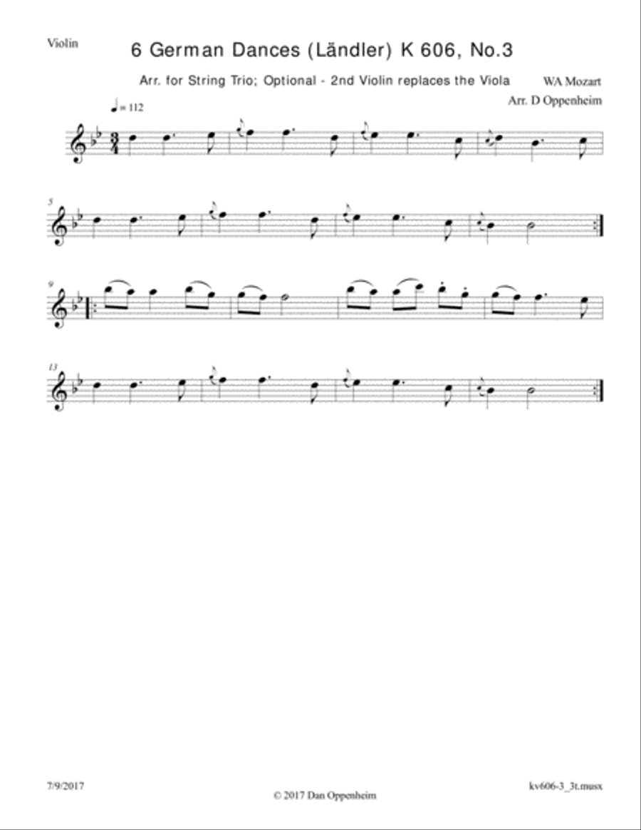 Mozart: 6 German Dances K 606 No. 3 arr. for String Trio; Optional - 2nd Violin replaces the Viola String Trio scores gallery preview page 2