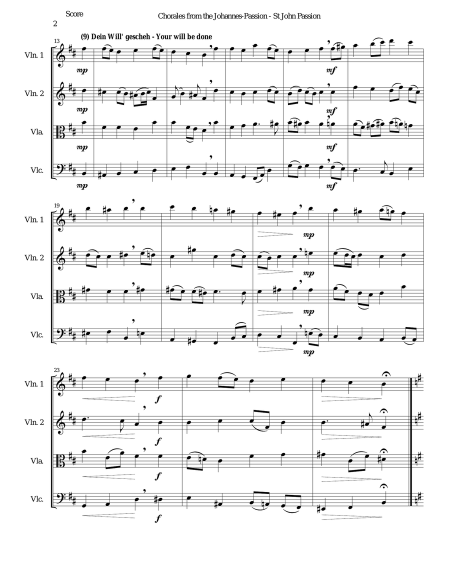 Chorales from the Johannes-Passion (St John Passion) for string quartet String Quartet scores gallery preview page 2