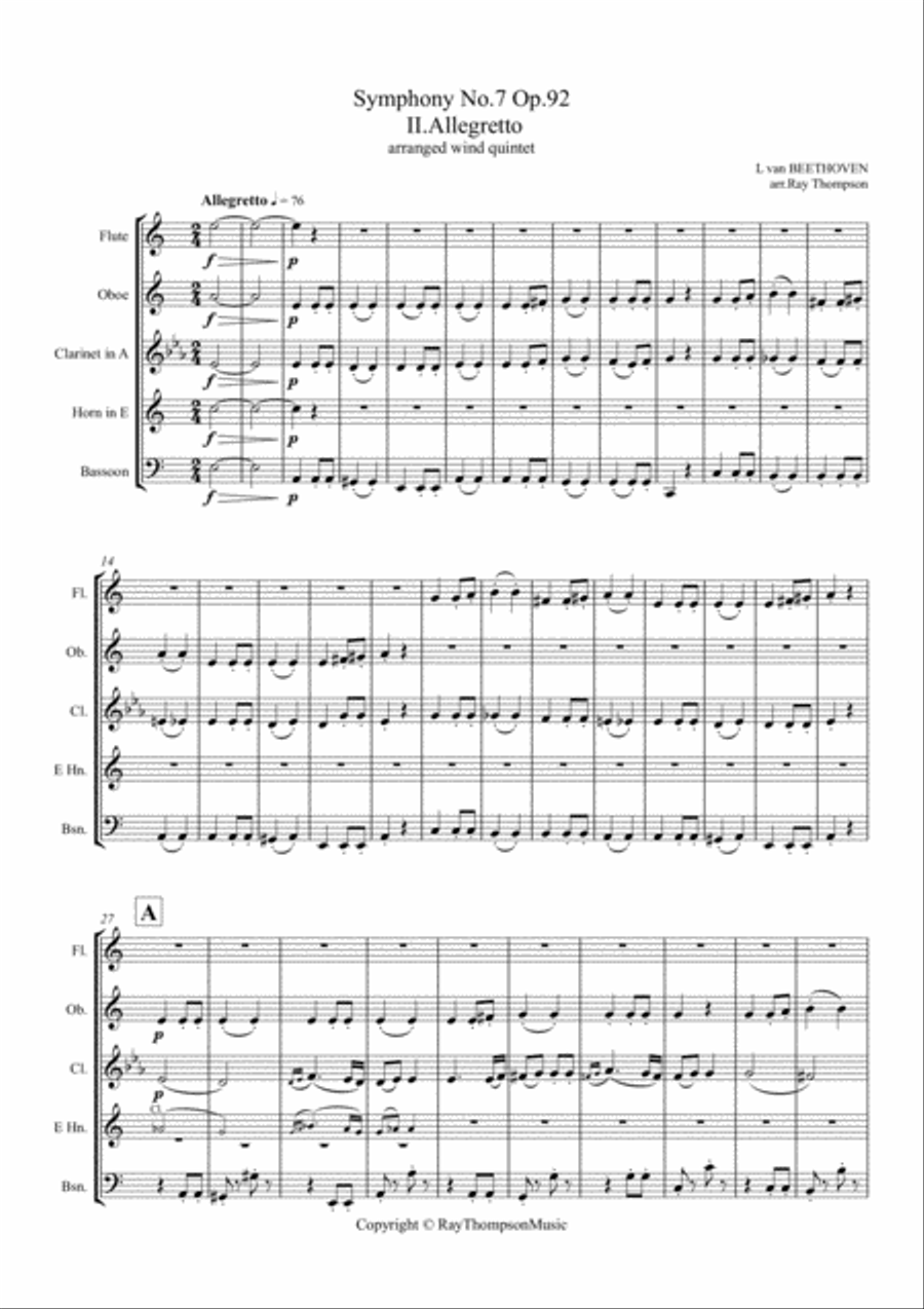 Beethoven: Symphony No.7 Op.92 Mvt.II Allegretto - wind quintet Woodwind Quintet scores gallery preview page 2