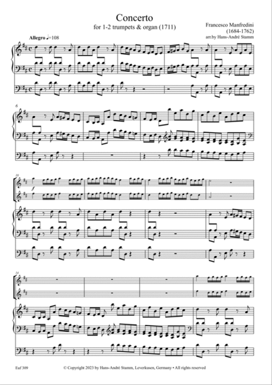 F. Manfredini - Concerto for 1-2 trumpets & organ Trumpet Duet scores gallery preview page 2