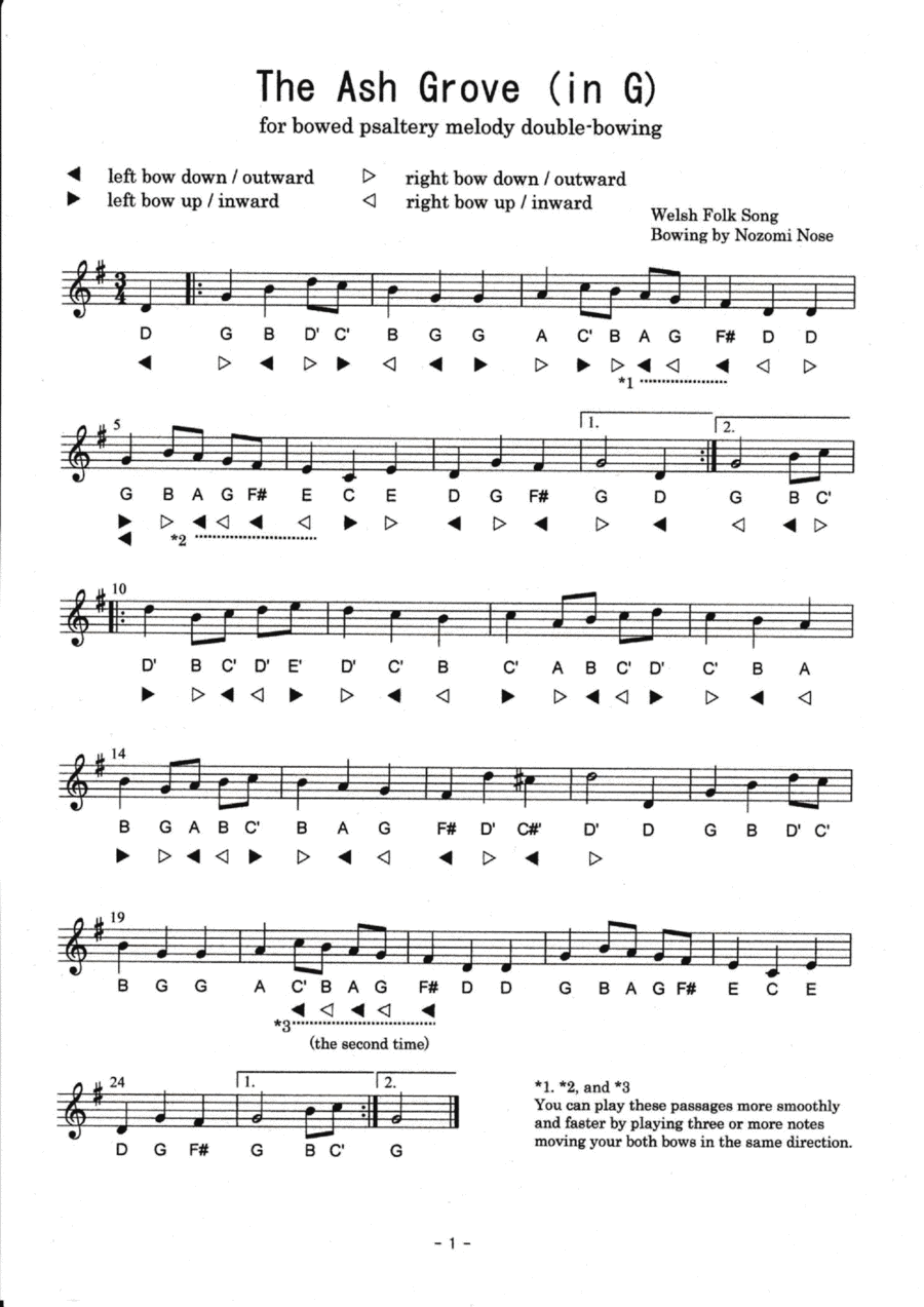 The Ash Grove (in G) for Bowed Psaltery Melody Double-Bowing Part scores gallery preview page 1