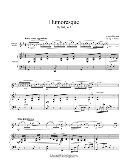 Humoresque op. 101 no. 7 for easy flute/violin and piano image number null