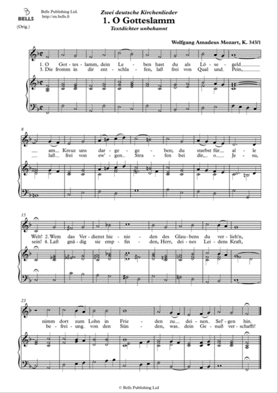 Zwei deutsche Kirchenlieder, K. 343 (Original keys. 1. F Major) Voice Solo scores gallery preview page 1