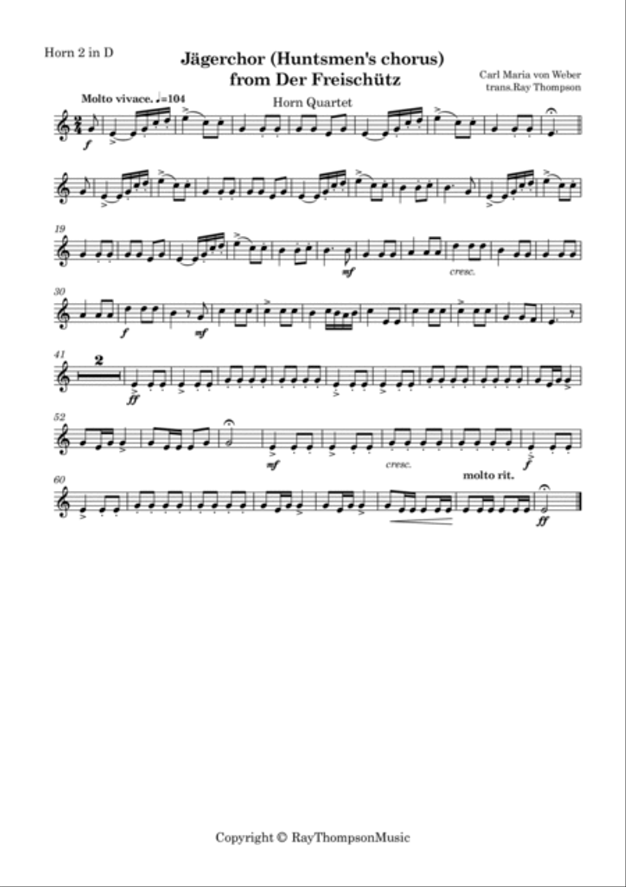 Weber: Jägerchor (Huntsmen's chorus) from Der Freischütz - horn quartet (optional tuba) Choir scores gallery preview page 6
