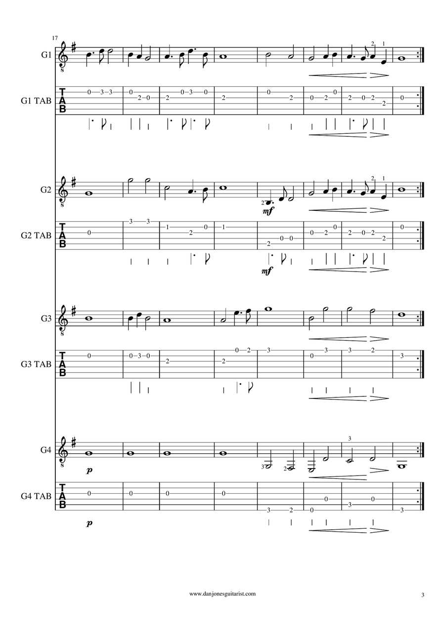Antonin Dvorak - Theme From 'The New World Symphony' for Easy Guitar Quartet Guitar Ensemble scores gallery preview page 3