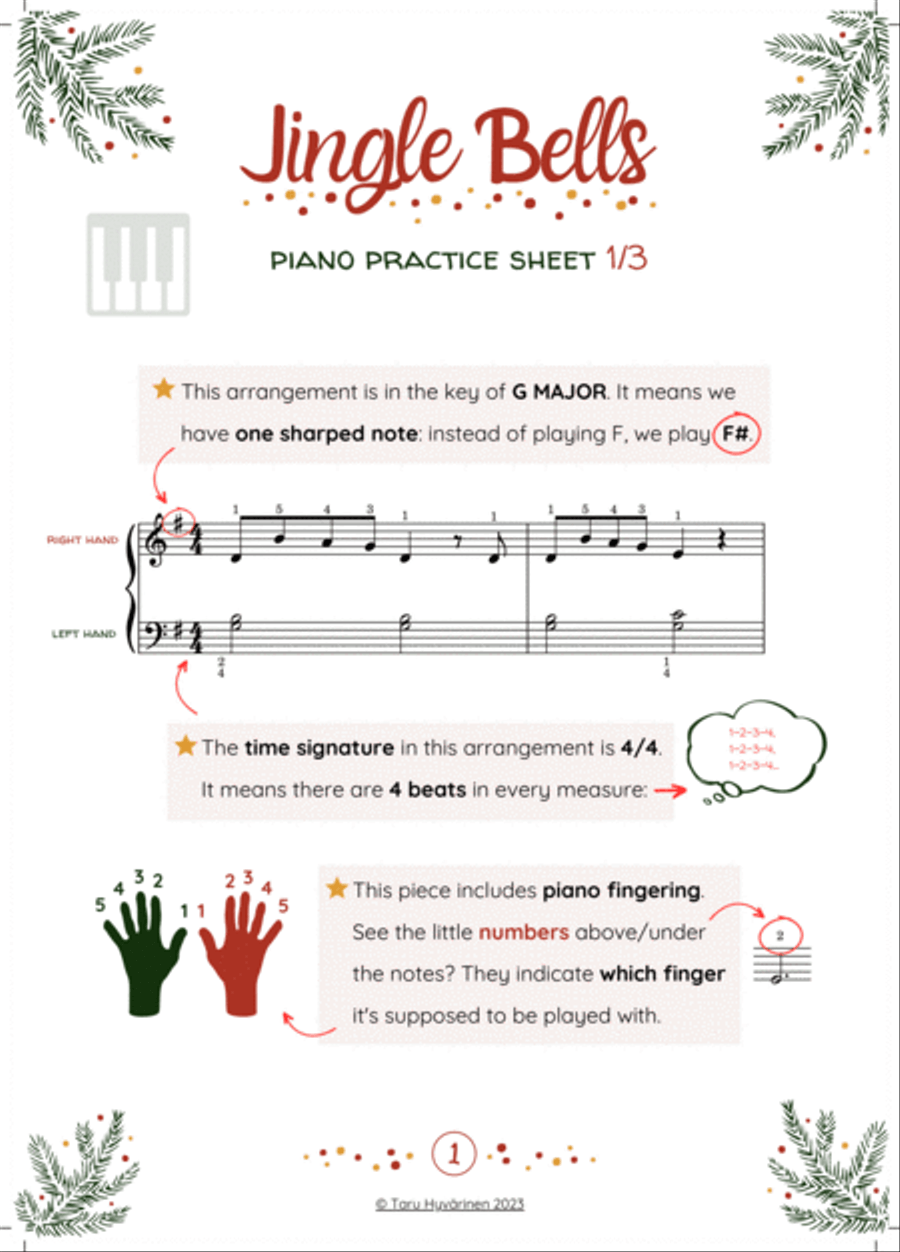 Easy Beginner Piano PRACTICE SHEET + AUDIO Sheet Music 'Jingle Bells' for Beginners/Kids | Christmas Easy Piano scores gallery preview page 2