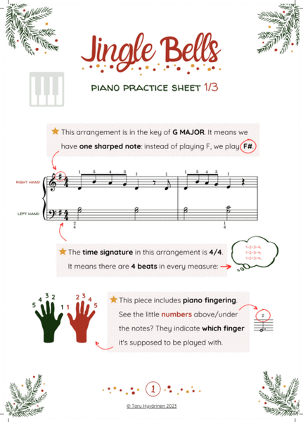 Easy Beginner Piano PRACTICE SHEET + AUDIO Sheet Music 'Jingle Bells' for Beginners/Kids | Christmas image number null