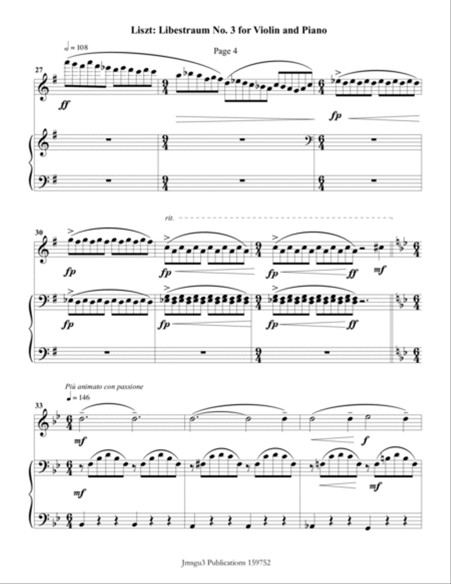 Liszt: Liebestraum No. 3 for Violin & Piano Violin Solo scores gallery preview page 4