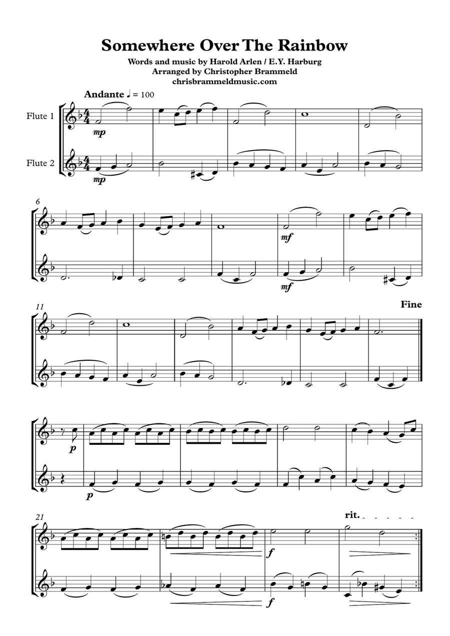 Over The Rainbow by Judy Garland Flute Solo Digital Sheet