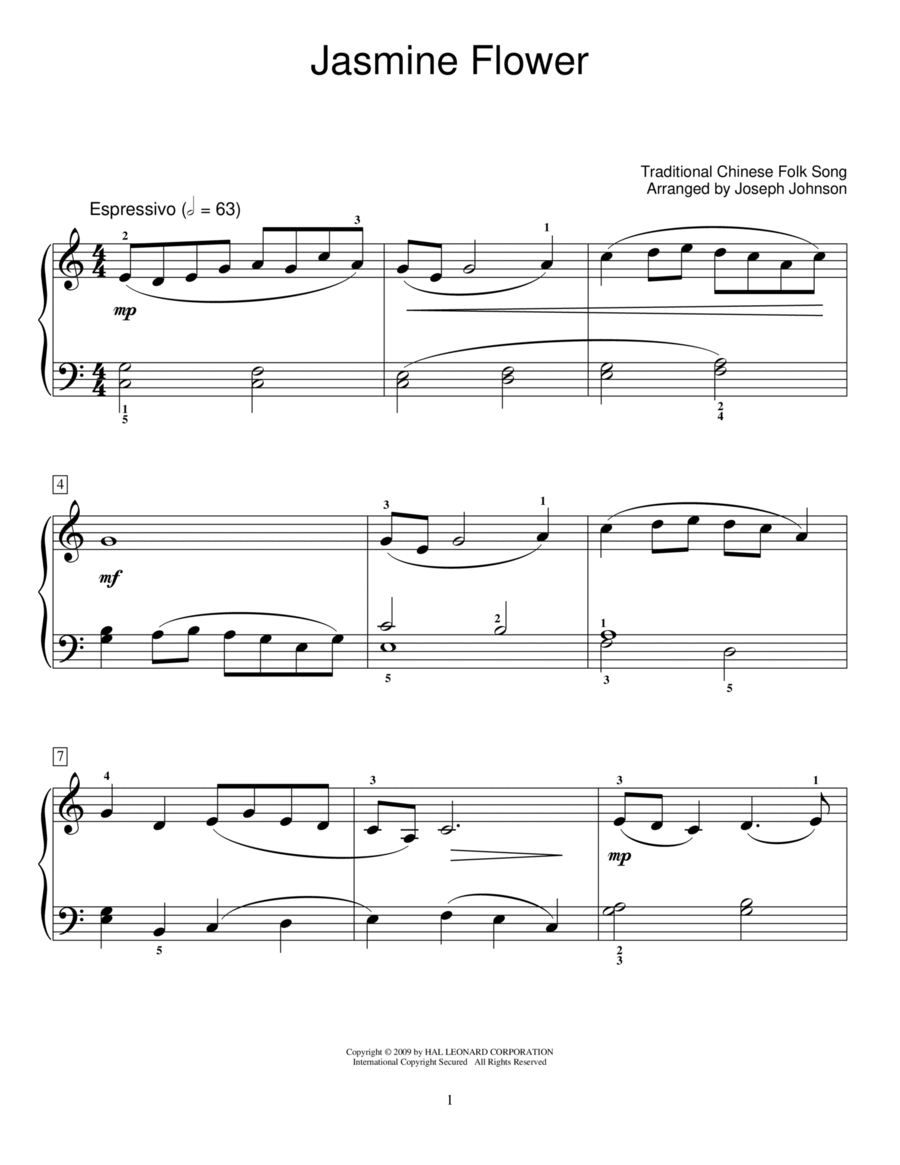 Jasmine Flower Song (arr. Joseph Johnson) Piano Method scores gallery preview page 1