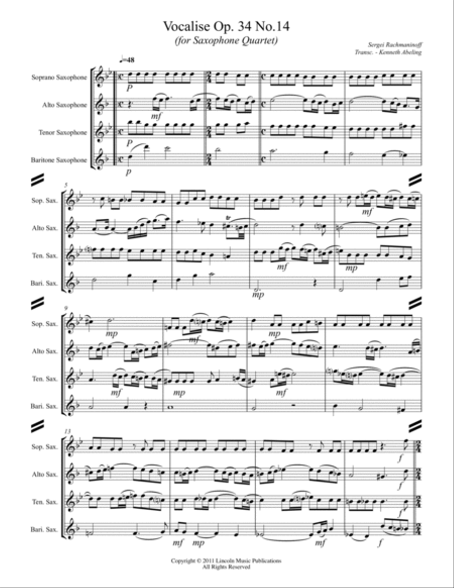 Rachmaninoff - Vocalise Op. 34 No.14 (for Saxophone Quartet) Saxophone Quartet scores gallery preview page 2