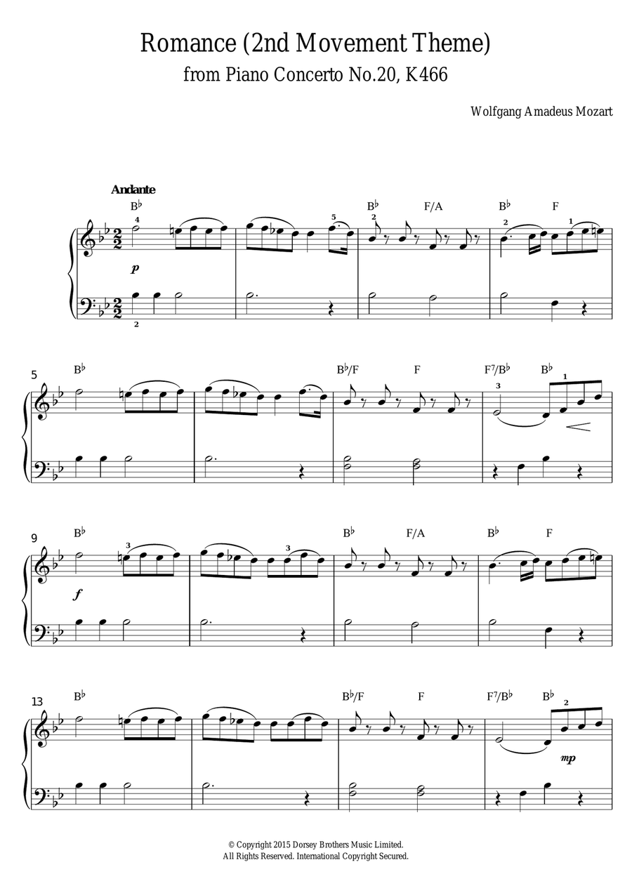 Romance (2nd Movement Theme) from Piano Concerto No.20, K466 Piano, Vocal, Guitar scores gallery preview page 1