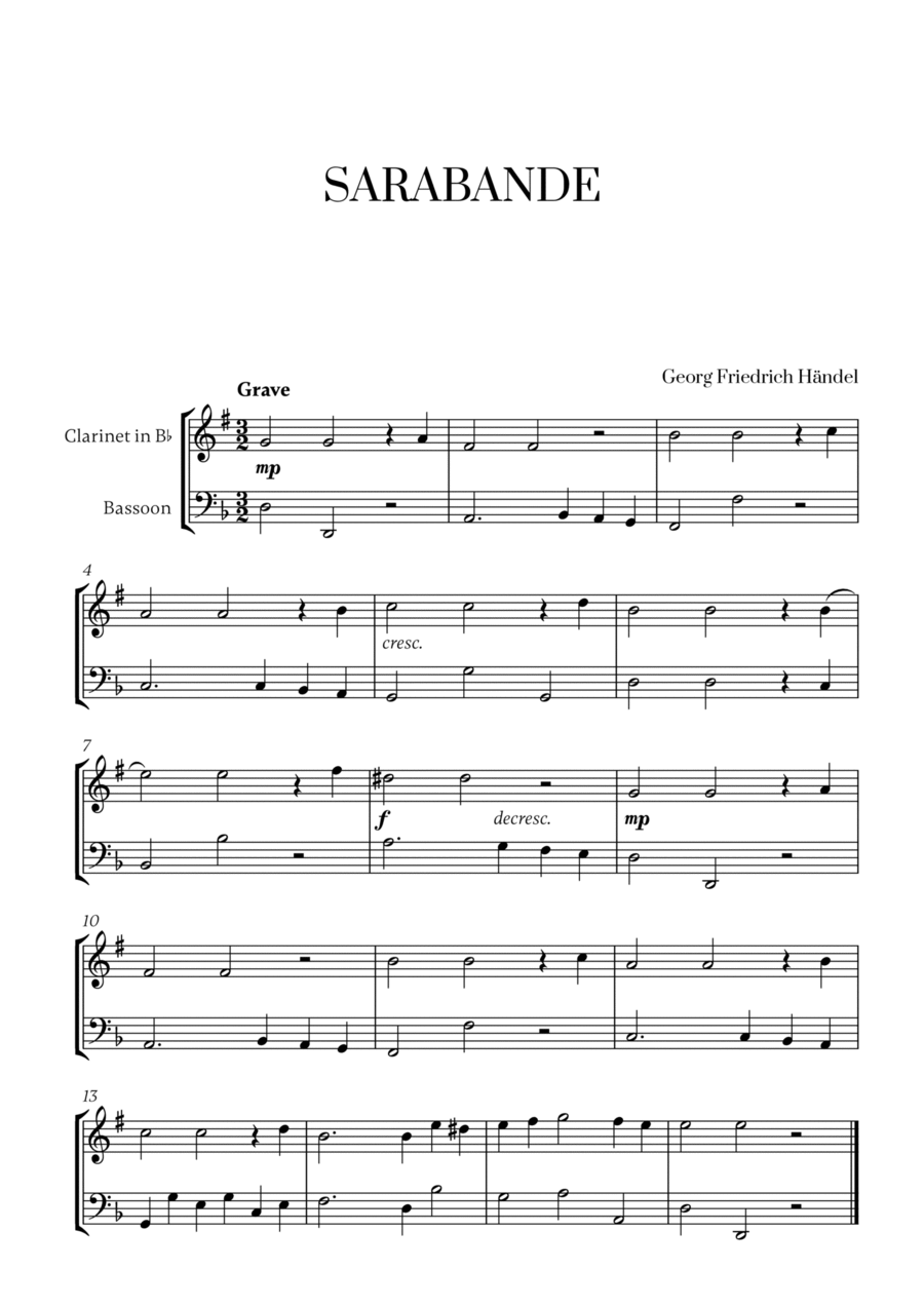 G. F. Haendel - Sarabande for Clarinet and Bassoon Woodwind Duet scores gallery preview page 1