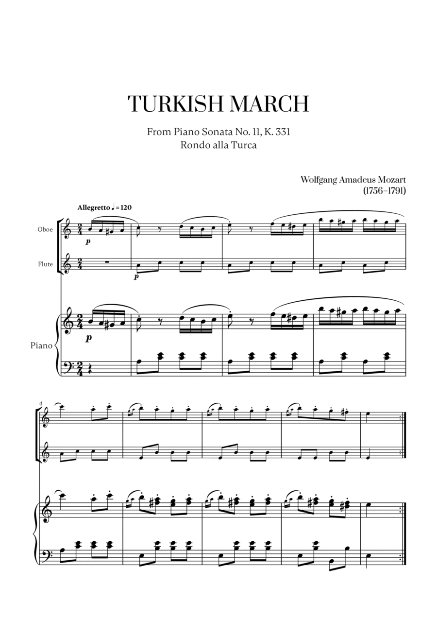 W. A. Mozart - Turkish March (Alla Turca) (for Oboe and Flute) Woodwind Duet scores gallery preview page 1