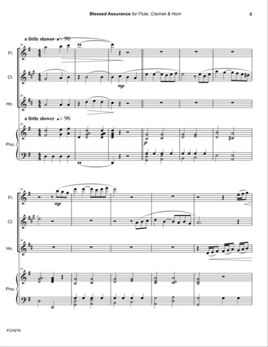 BLESSED ASSURANCE - FLUTE, CLARINET & HORN (or Alto Sax) with Piano Accompaniment Small Ensemble scores gallery preview page 4