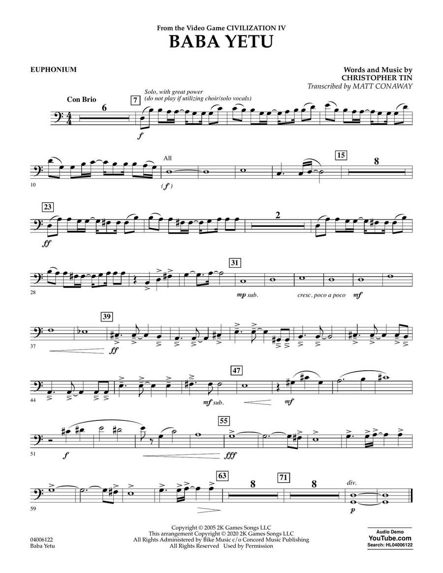 Baba Yetu (from Civilization IV) (trans. Matt Conaway) - Euphonium in Bass Clef