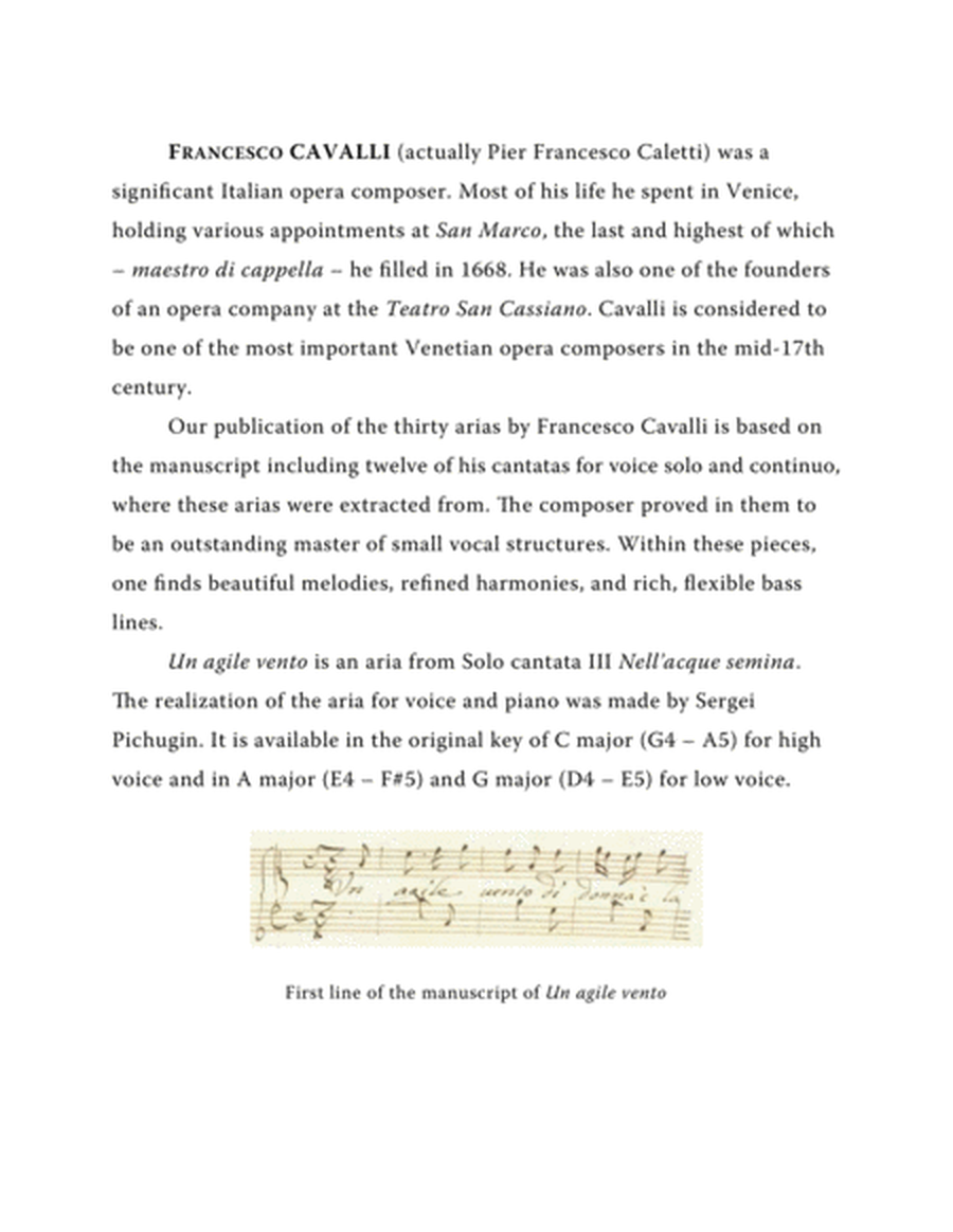 CAVALLI Francesco: Un agile vento, aria from the cantata, arranged for Voice and Piano (A major) image number null