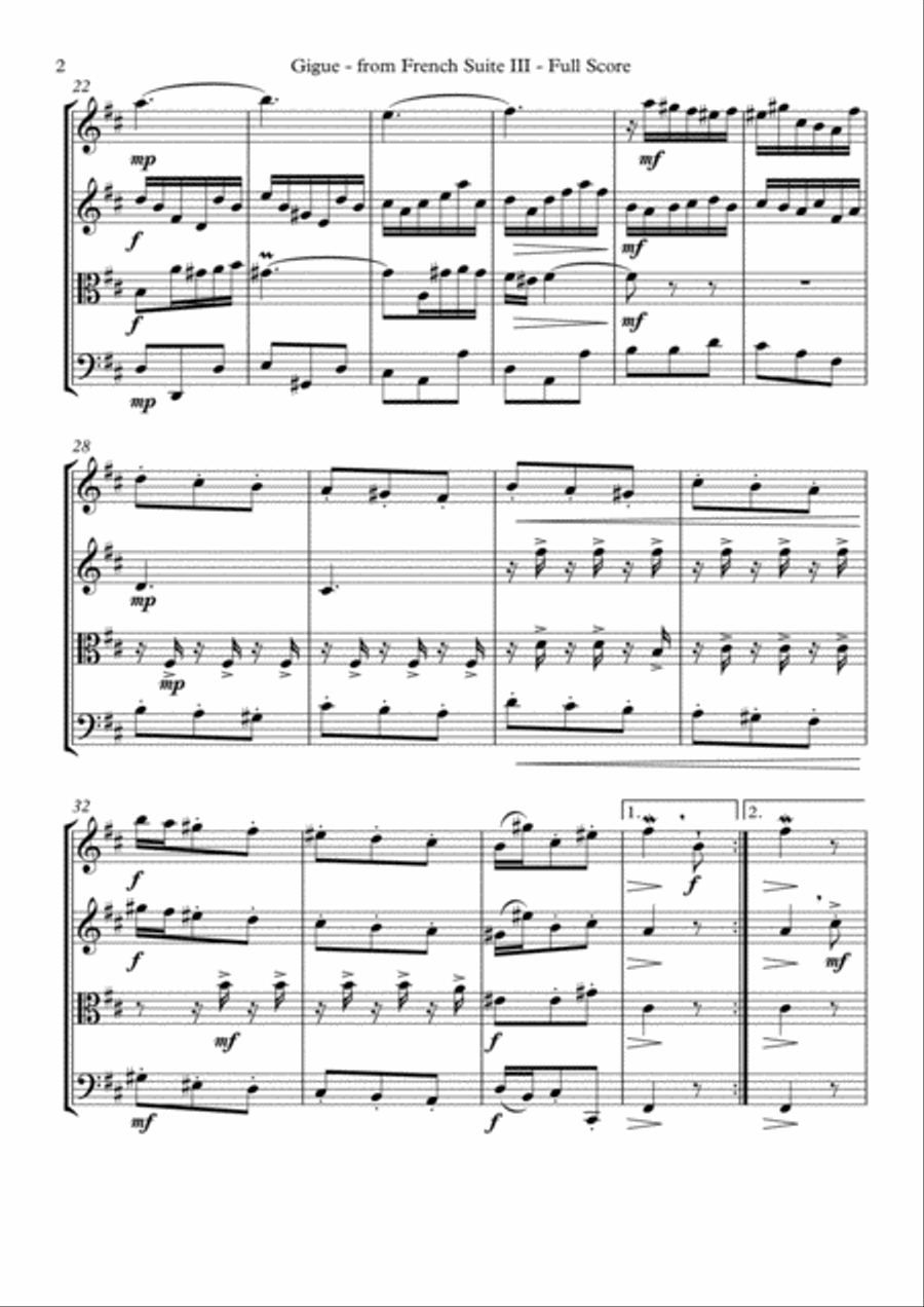 J.S. Bach - Gigue from French Suite III - for String Quartet String Quartet scores gallery preview page 3