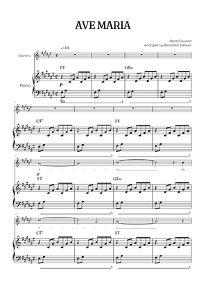Bach / Gounod Ave Maria in F sharp [F#] • soprano sheet music with piano accompaniment and chords