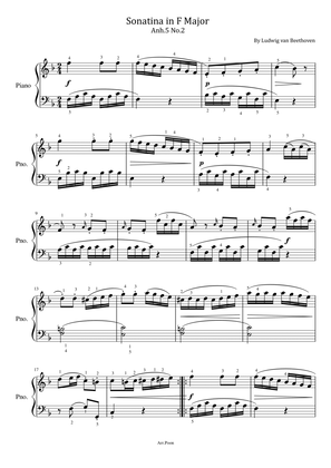 Beethoven - Sonatina in F Major - Anh.5 No.2 - For Piano Solo Original With Fingered
