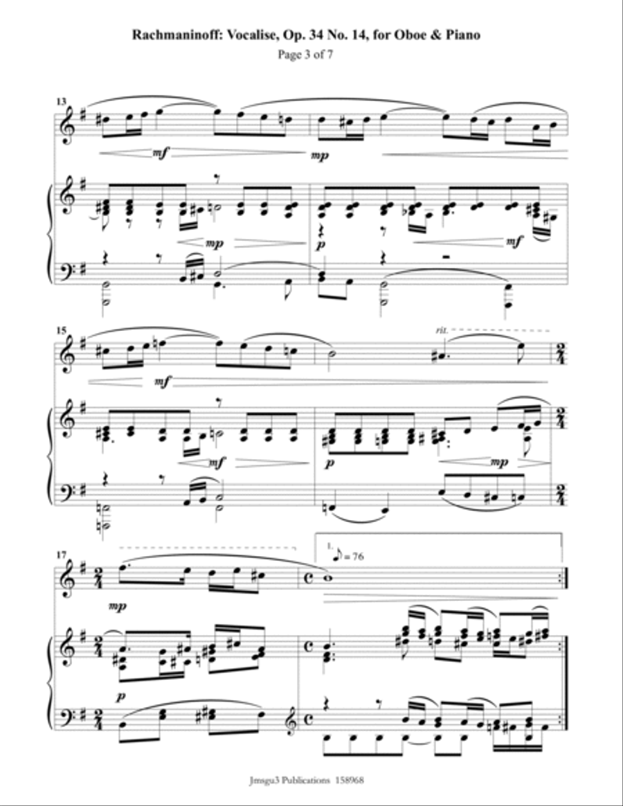 Rachmaninoff: Vocalise for Oboe & Piano Piano scores gallery preview page 3