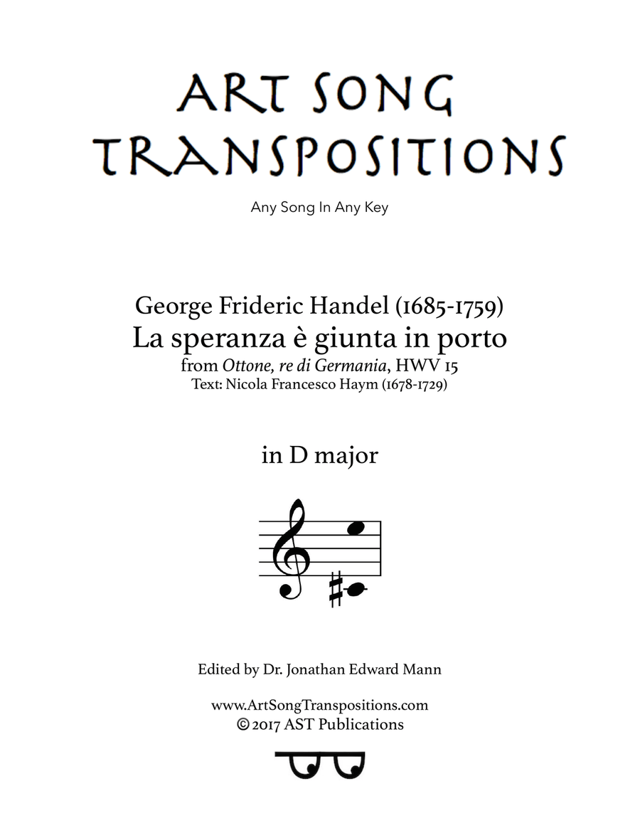 HANDEL: La speranza è giunta in porto (transposed to D major) Piano, Vocal scores gallery preview page 1
