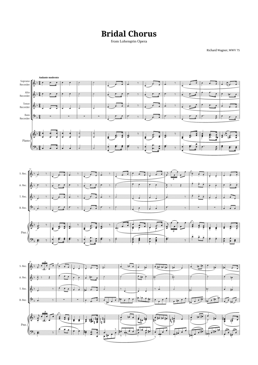 Bridal Chorus by Wagner for Recorder Quartet and Piano image number null