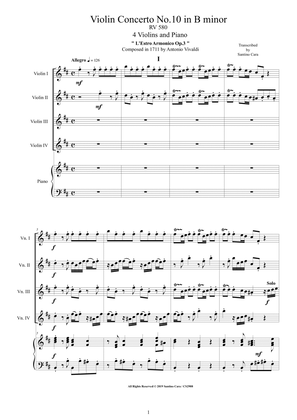 Book cover for Vivaldi - Violin Concerto No.10 in B minor RV 580 Op.3 for 4 Violins and Piano - Score and Parts