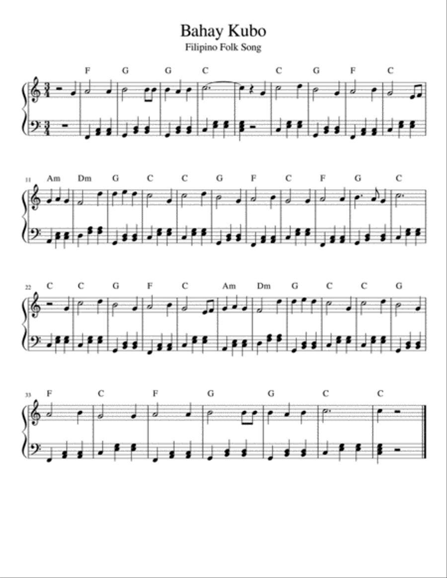Bahay Kubo (Filipino Folk Song) Easy Piano With Chords Easy Piano scores gallery preview page 1