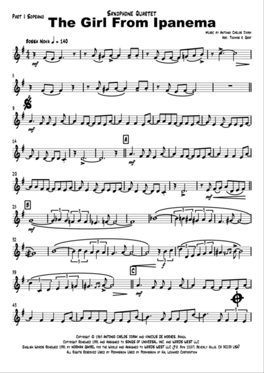 The Girl From Ipanema (Garota De Ipanema) Saxophone Quartet scores gallery preview page 5