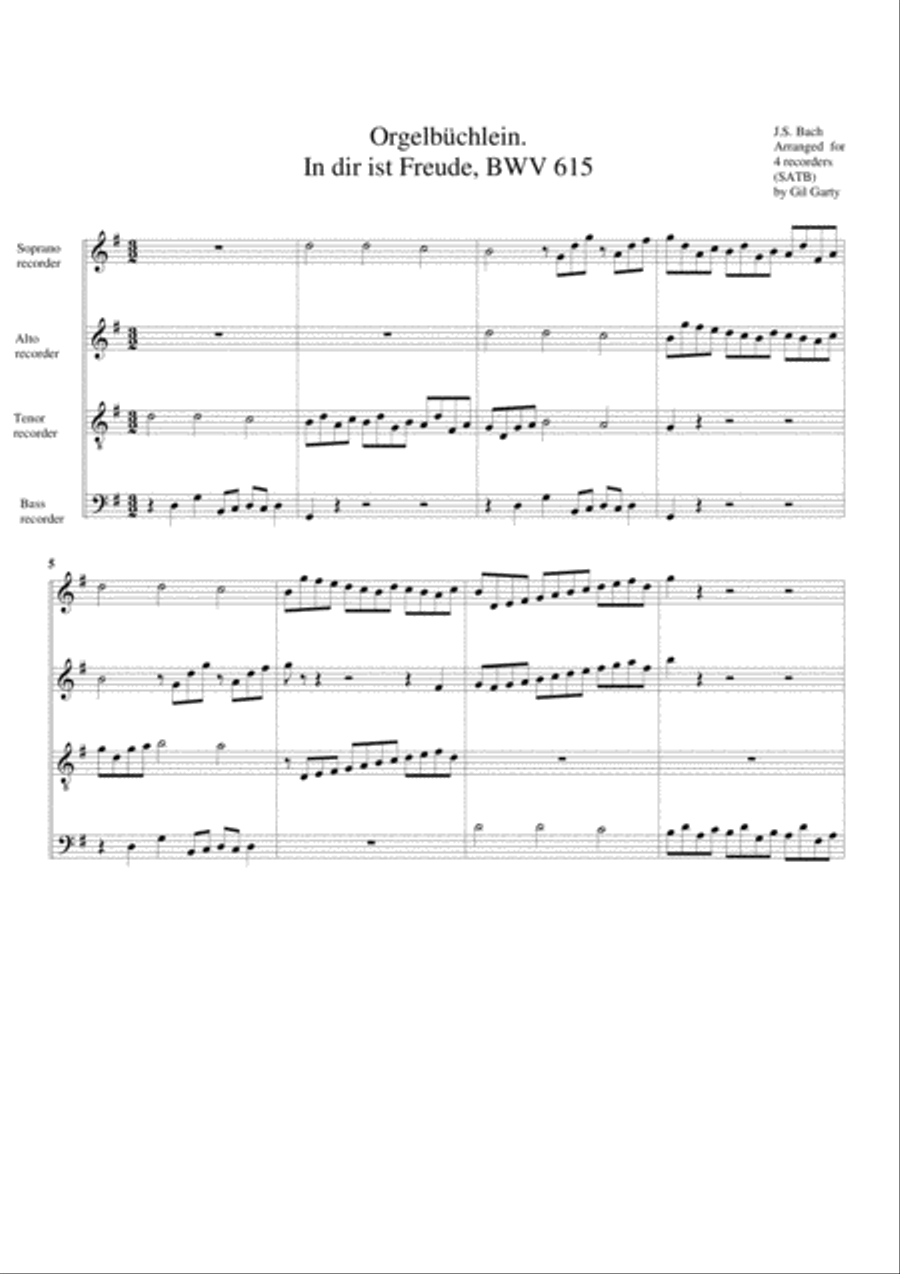 In dir ist Freude, BWV 615 from Orgelbuechlein (arrangement for 4 recorders) Recorder scores gallery preview page 1