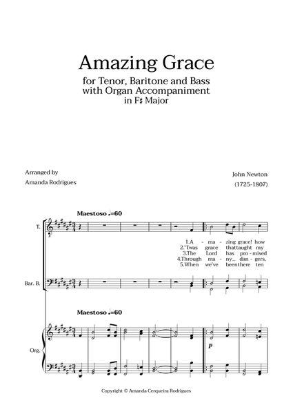 Amazing Grace in F# Major - Tenor, Bass and Baritone with Organ Accompaniment image number null