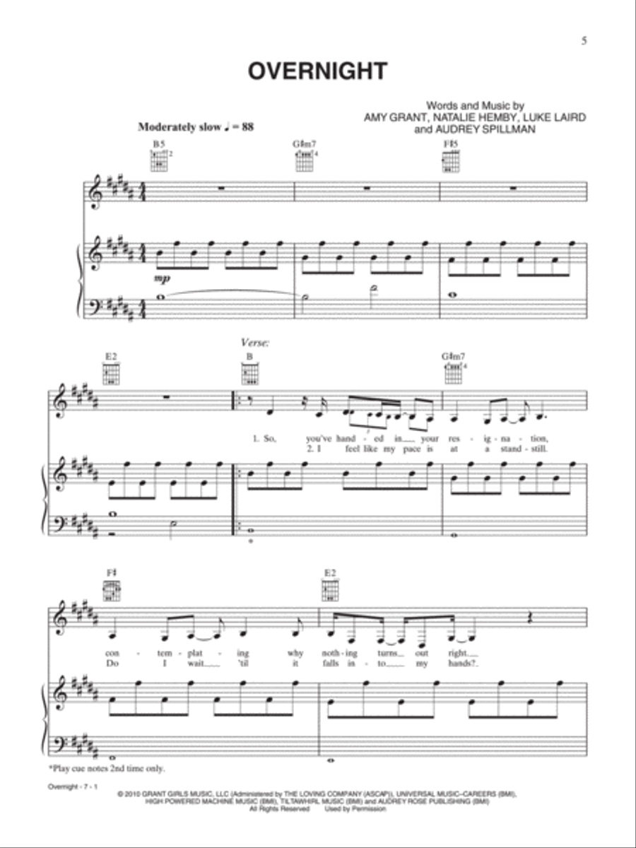 Overnight Piano, Vocal, Guitar scores gallery preview page 1