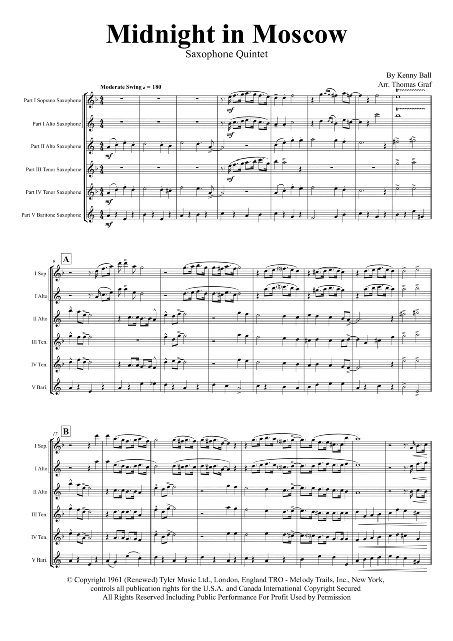 Midnight In Moscow Saxophone Quintet scores gallery preview page 1