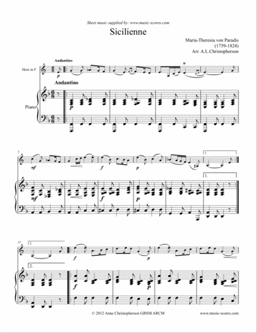Paradies: Sicilienne - French Horn and Piano Horn scores gallery preview page 1