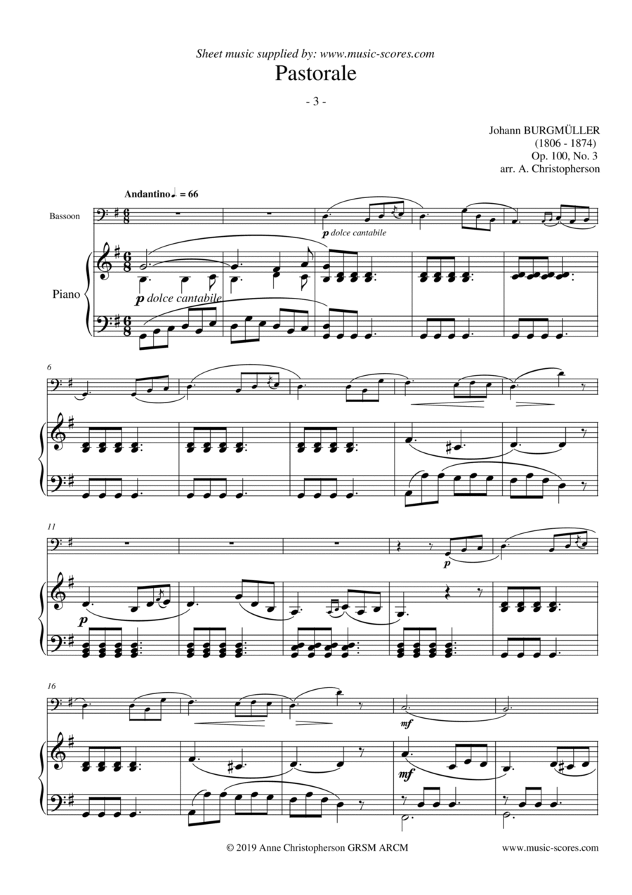 Pastorale - Burgmuller Op.100, No.3 - Bassoon and Piano Bassoon Solo scores gallery preview page 1