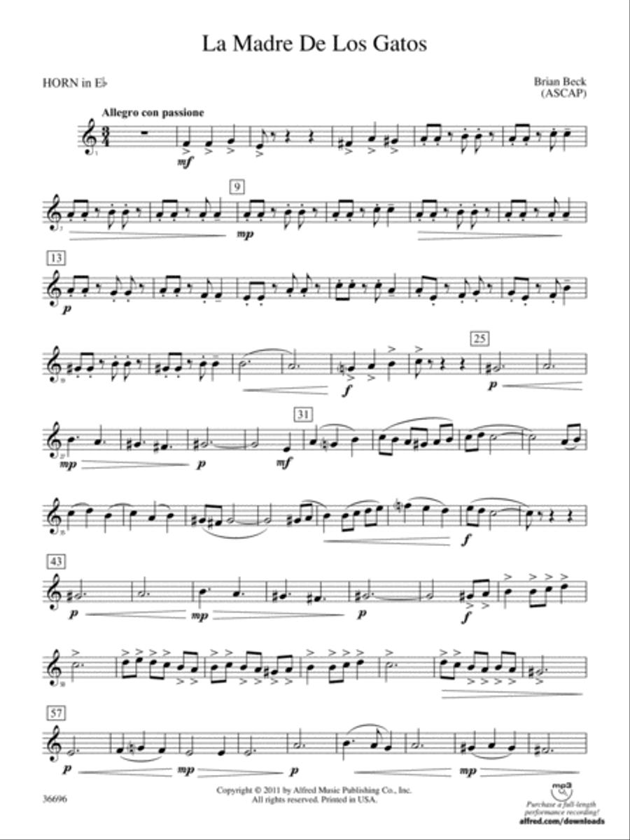 La Madre de los Gatos: (World Part) 1st Horn in E-flat Concert Band scores gallery preview page 1