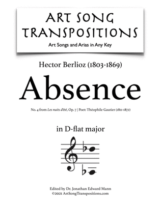 Book cover for BERLIOZ: Absence, Op. 7 no. 4 (transposed to D-flat major)