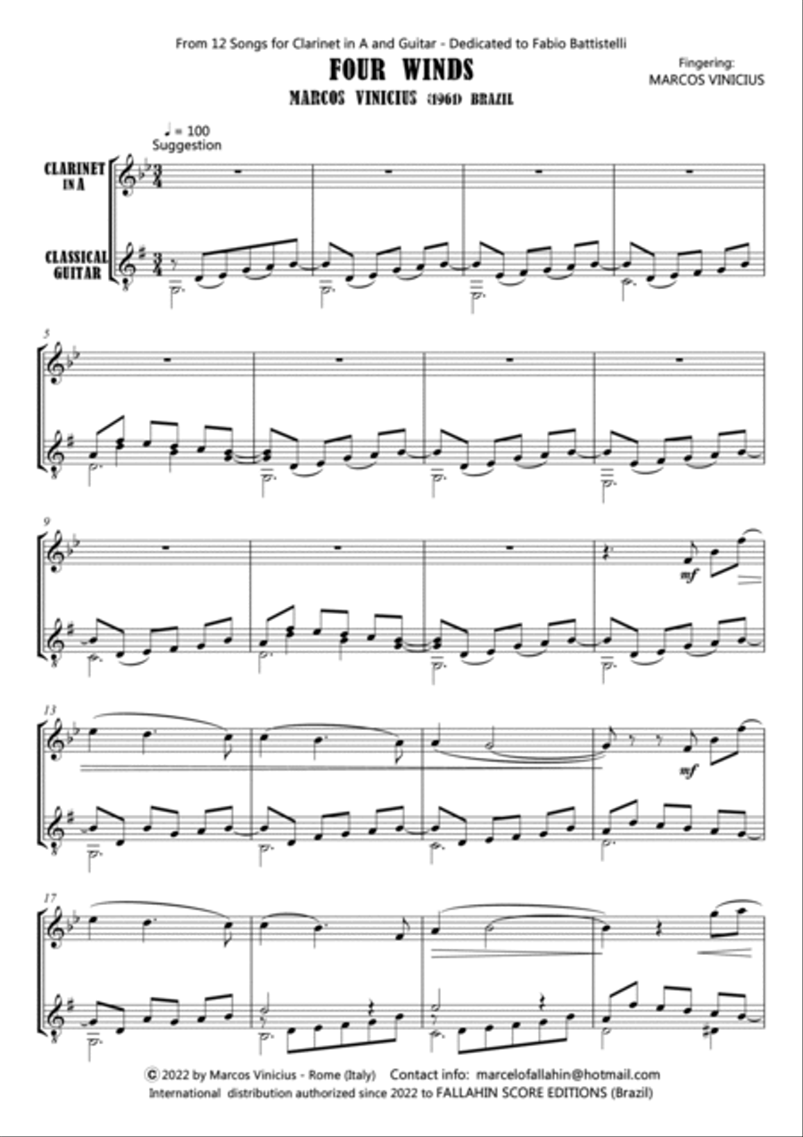 FOUR WINDS - MARCOS VINICIUS - FOR CLARINET IN A AND GUITAR Chamber Music scores gallery preview page 2