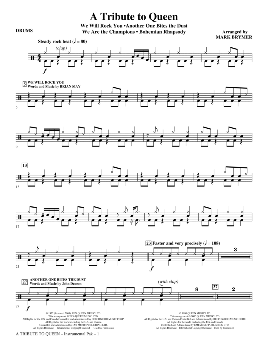 A Tribute To Queen (Medley) (arr. Mark Brymer) - Drums Choir scores gallery preview page 1