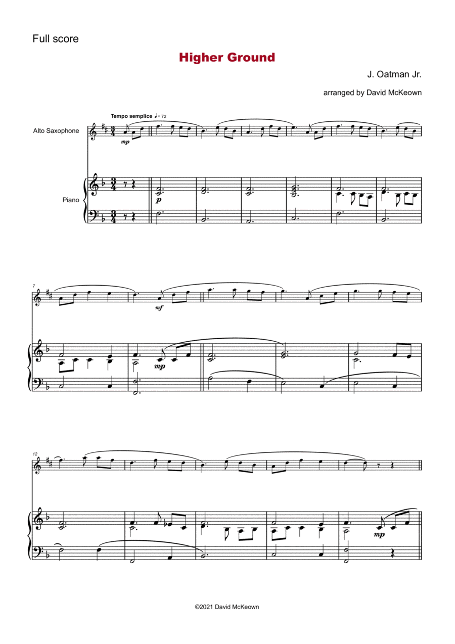 Higher Ground, Gospel Hymn for Alto Saxophone and Piano Alto Saxophone scores gallery preview page 1