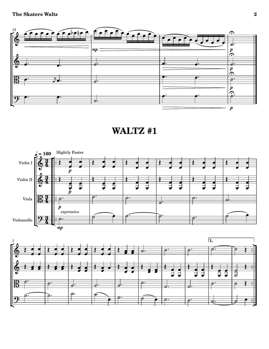 Les Patineurs, Opus 183 -- The Skaters Waltz String Quartet scores gallery preview page 2