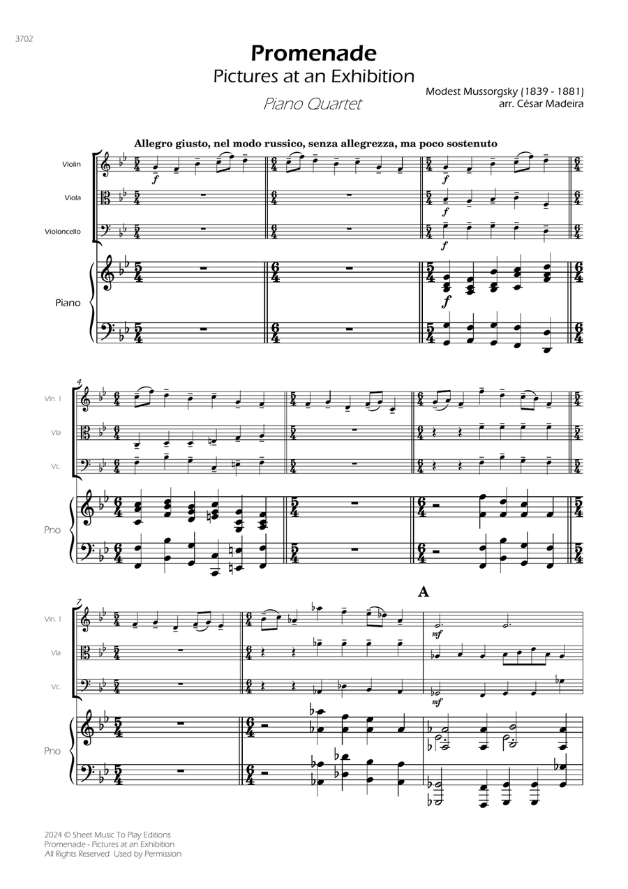 Pictures at an Exhibition - Promenade - Piano Quartet (Full Score) - Score Only Piano Quartet scores gallery preview page 1