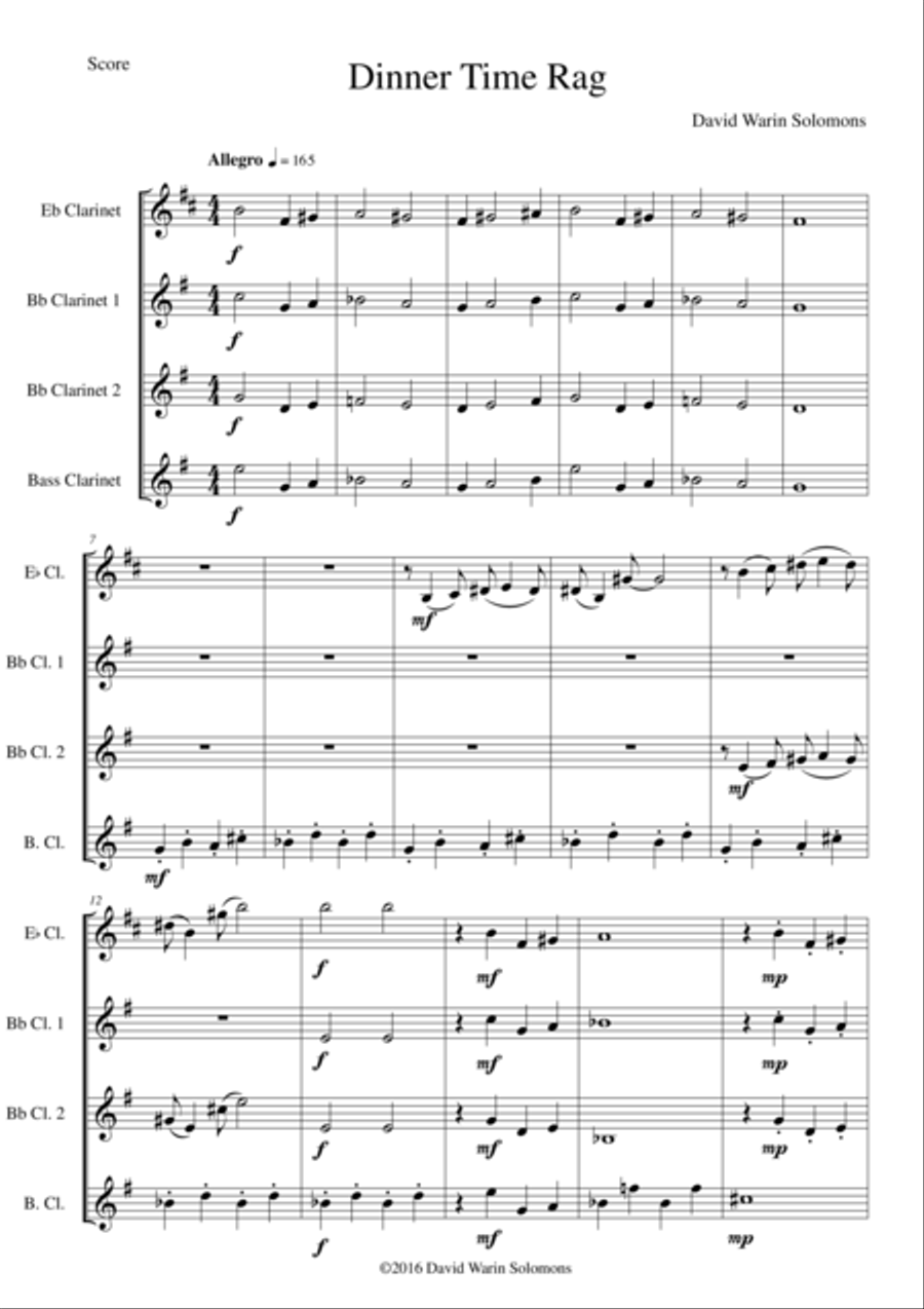 Dinner Time Rag for clarinet quartet (1 E-flat Clarinet, 2 B-flat clarinets, 1 bass clarinet) Clarinet Quartet scores gallery preview page 1