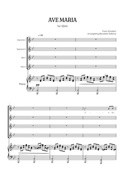 Schubert Ave Maria • SSAA choir sheet music with piano accompaniment image number null